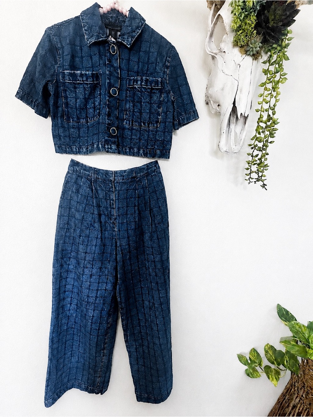 NWT ✧💎 House of Harlow 1960 💎✧ Dark Blue Quilted Denim Set Wide Leg Jeans S